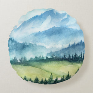Mountains landscape, watercolor artistic illustrat round cushion