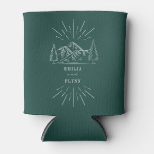 Mountains Line Art Emerald Wedding Can Cooler