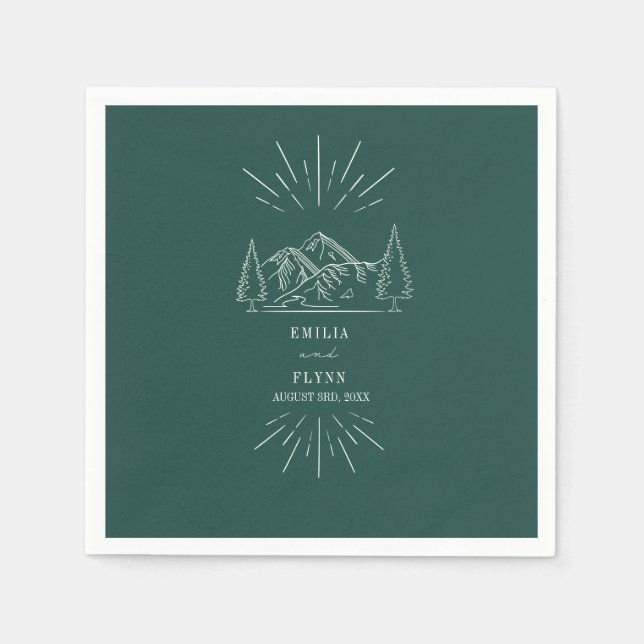 Mountains Line Art Emerald Wedding Napkins (Front)