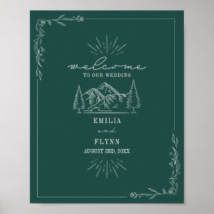 Mountains Line Art Emerald Wedding Welcome  Poster