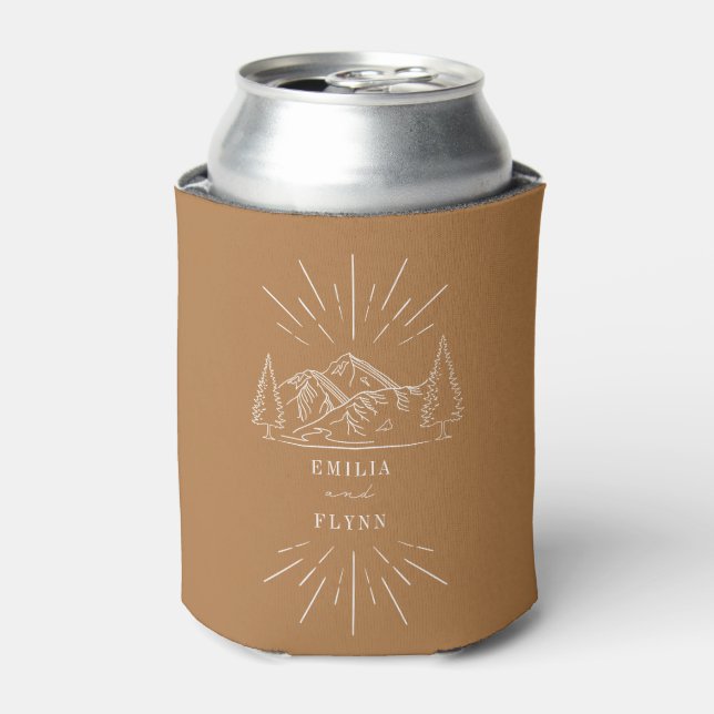 Mountains Line Art Goldenrod Wedding Can Cooler (Can Front)