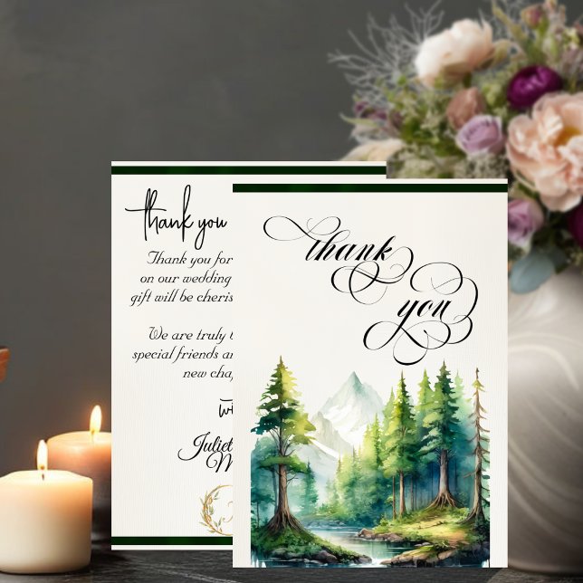 Mountains, Monogram & Calligraphy - Emerald Thank You Card (Creator Uploaded)