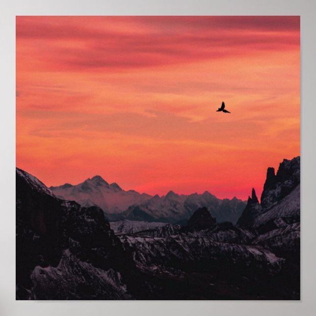 Mountains Orange Sunset Bird in Sky Poster (Front)