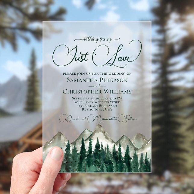Mountains & Pine Nothing Fancy Just Love Wedding Acrylic Invitations (Frosted Acrylic with Rectangle Cut)
