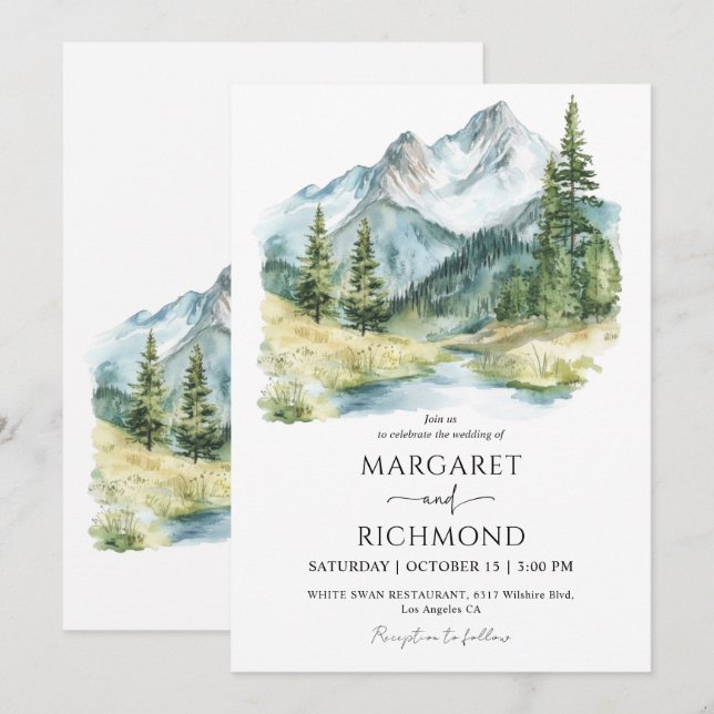 Mountains Pine Tree Landscape Destination Wedding Invitation (Front/Back)