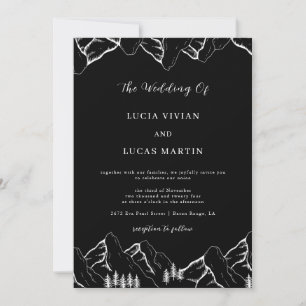Mountains Pine Tree QR Code Black Wedding Invitation