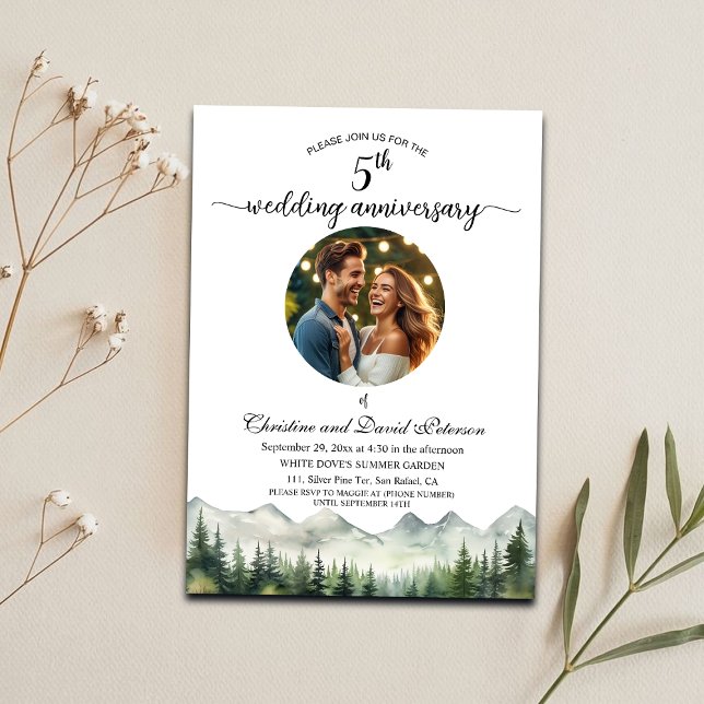 Mountains Pine Trees 5th Wedding Anniversary Photo Invitation (Creator Uploaded)