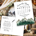 Mountains & Pine Wedding Calendar Save the Date Announcement Postcard<br><div class="desc">These beautiful postcards are designed to let your friends and family know about your upcoming wedding. The rustic watercolor design features a wilderness landscape with a forest of pine trees and alpine mountain peaks in the background. There is a calendar for you to customise for your wedding month, with a...</div>