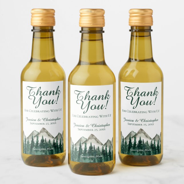 Mountains & Pine Wedding Thank You Mini Wine Label (Bottles)