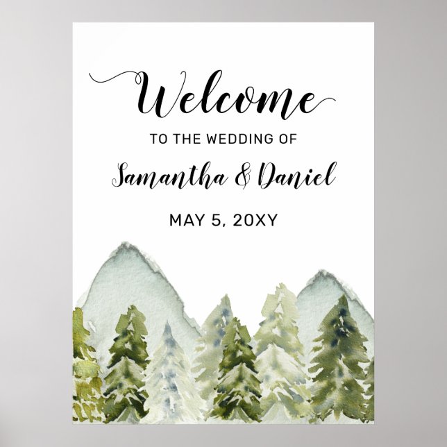 Mountains Pine Winter Wedding Welcome Sign (Front)