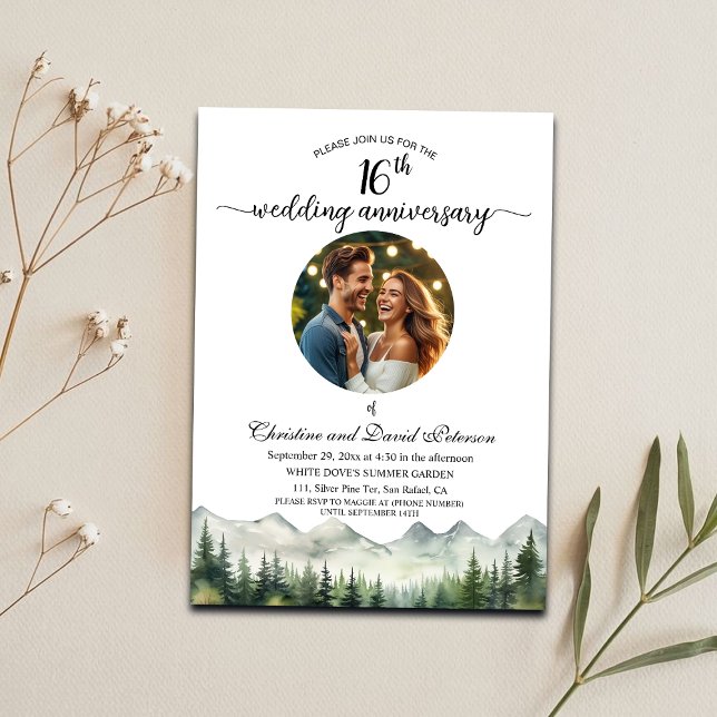 Mountains Pines 16th Wedding Anniversary Photo Invitation (Creator Uploaded)