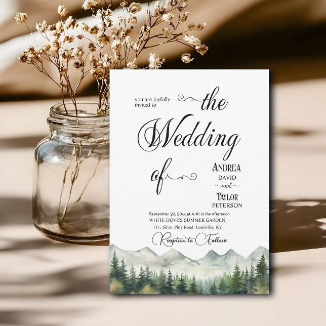 Mountains Pines Elegant Calligraphy Wedding Invitation (Creator Uploaded)