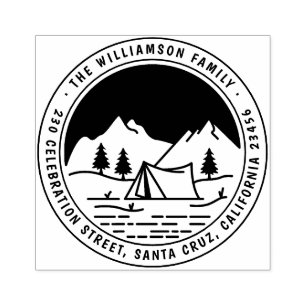 Mountains & Pines Round Camping Return Address Rubber Stamp