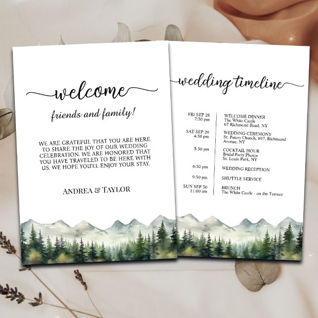 Mountains Pines Wedding Bag Letter & Timeline Card (Creator Uploaded)