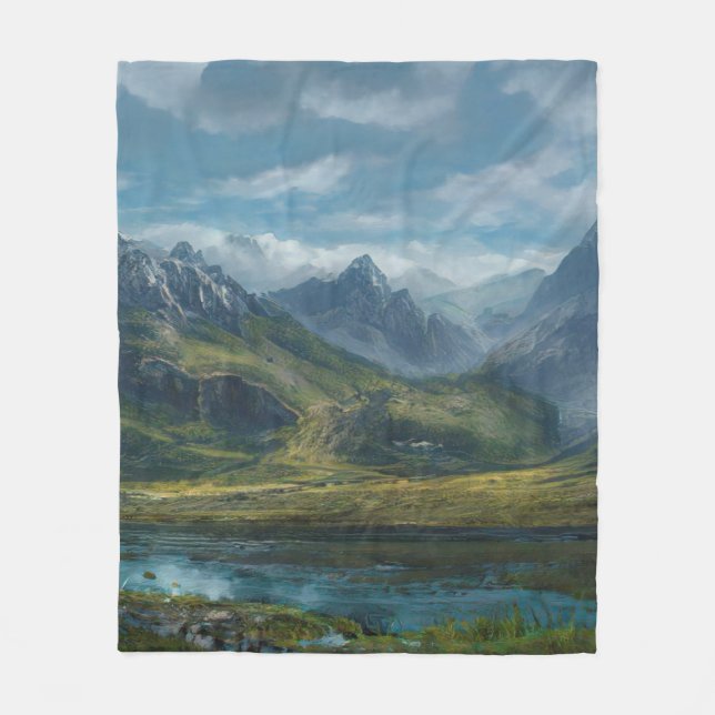 Mountains river grass pasture fleece blanket (Front)