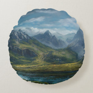 Mountains river grass pasture round cushion