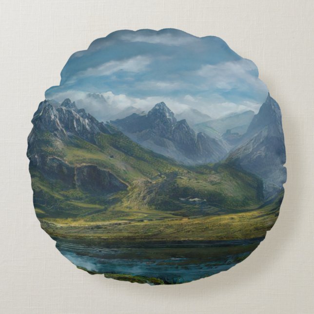 Mountains river grass pasture round cushion (Front)