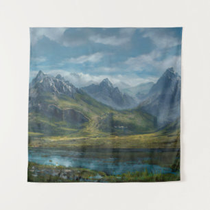 Mountains river grass pasture tapestry