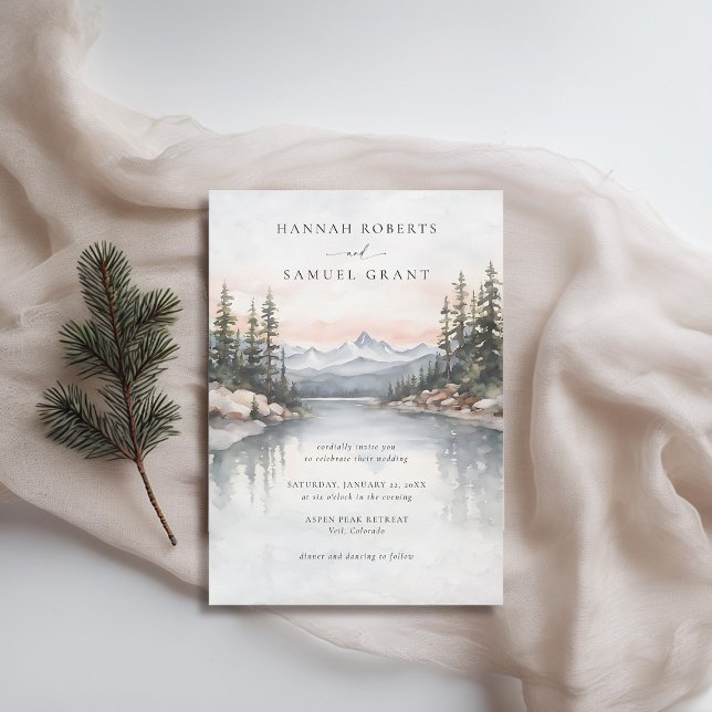 Mountains River Scene Rocky Ridge Romantic Wedding Invitation (mountains wedding invitation rustic outdoors rocky ridge river watercolor scene modern earthy)