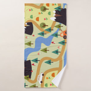 Mountains, rivers, forest, car pattern. bath towel