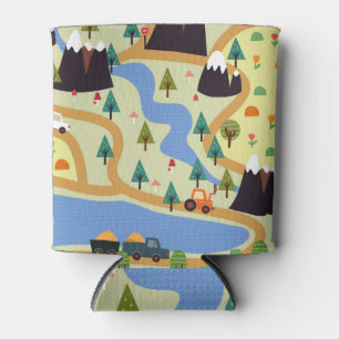 Mountains, rivers, forest, car pattern. can cooler