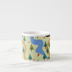 Mountains, rivers, forest, car pattern. espresso cup