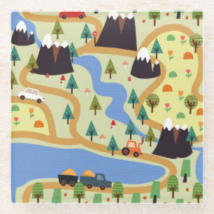 Mountains, rivers, forest, car pattern. glass coaster