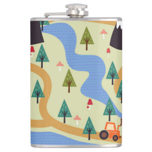 Mountains, rivers, forest, car pattern. hip flask