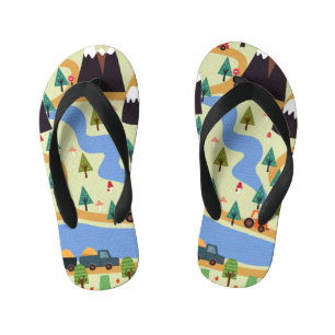 Mountains, rivers, forest, car pattern. kid's jandals