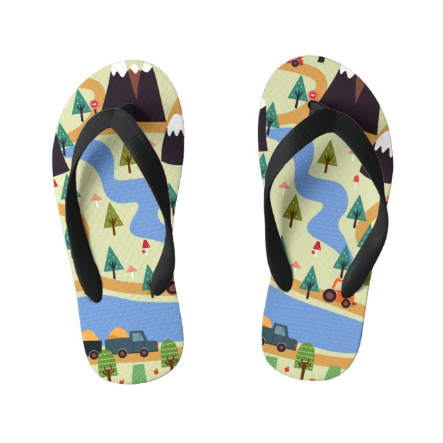 Mountains, rivers, forest, car pattern. kid's jandals (Footbed)