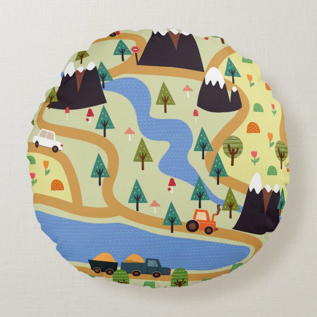 Mountains, rivers, forest, car pattern. round cushion (Front)