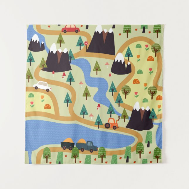 Mountains, rivers, forest, car pattern. tapestry (Front)