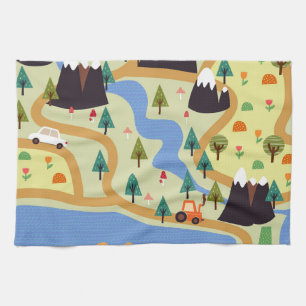 Mountains, rivers, forest, car pattern. tea towel