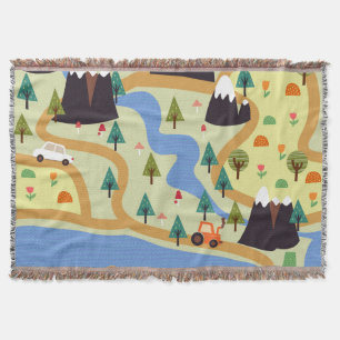 Mountains, rivers, forest, car pattern. throw blanket