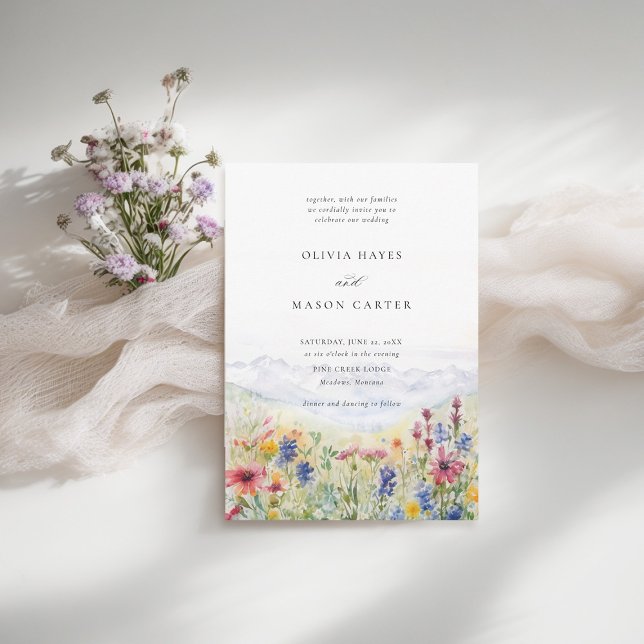 Mountains Scene Rustic Meadow Wildflowers Wedding Invitation (mountains wedding invitation rustic outdoors wildflowers meadow scene watercolor spring summer)