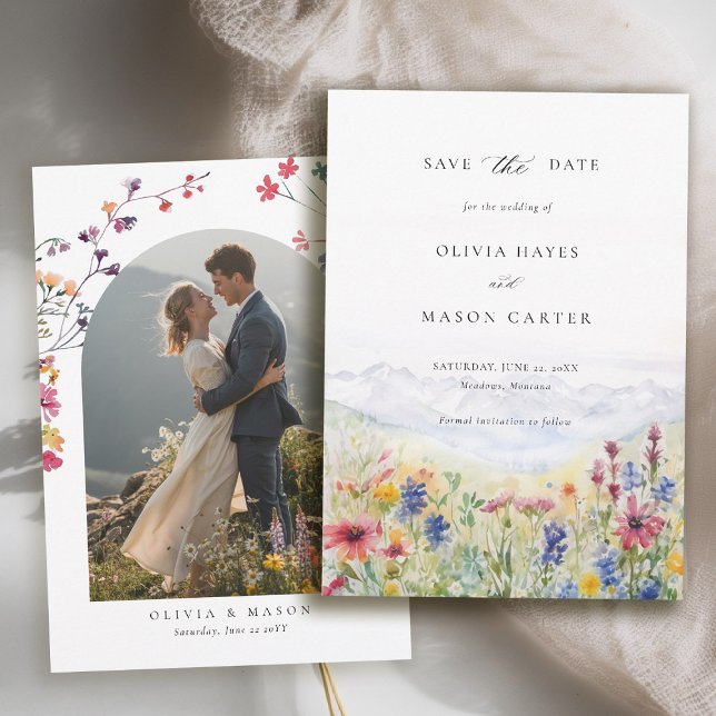 Mountains Scene Rustic Meadow Wildflowers Wedding Save The Date (mountains wedding save the date boho arch photo wildflowers meadow floral watercolor)
