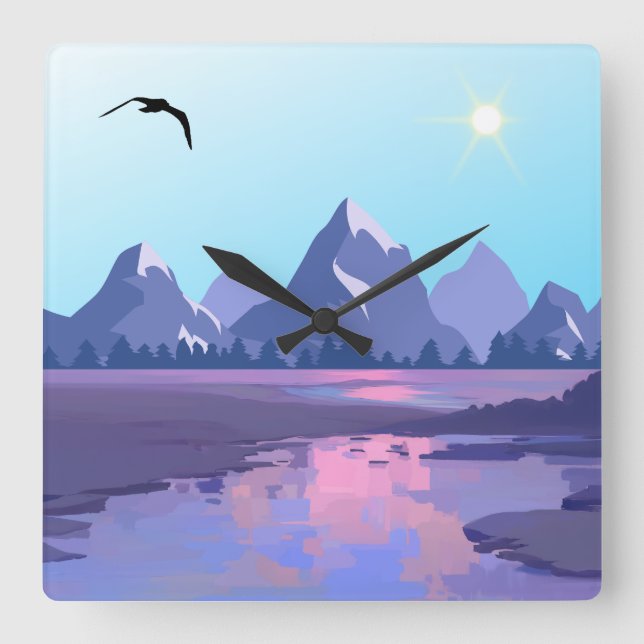 Mountains Scene Square Wall Clock (Front)