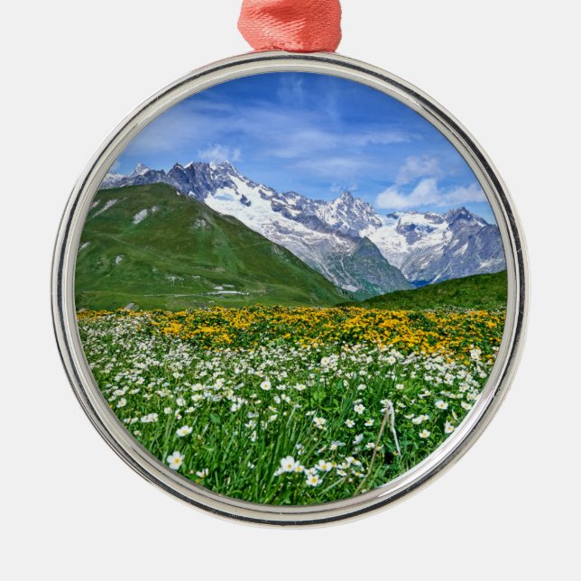 Mountains | Swiss Alps Valley Spring Metal Tree Decoration (Front)