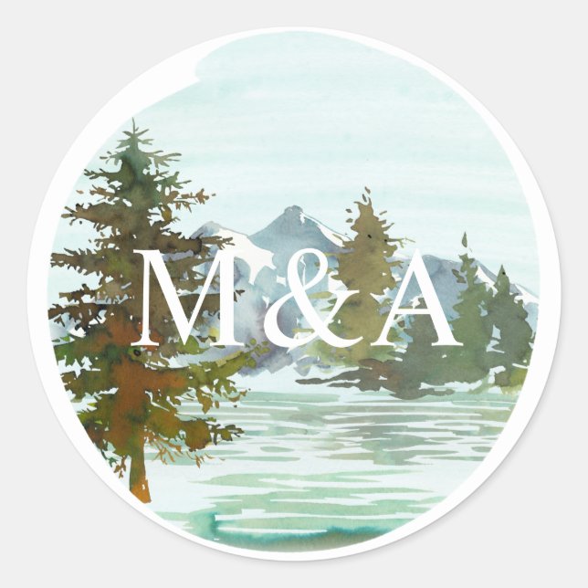 Mountains & Trees Rustic Monogram Classic Round Sticker (Front)