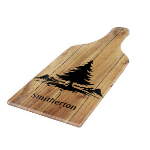 Mountains Trees Rustic Wood Family Name Glass Cutting Board