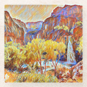 Mountains Trees Waterfall Abstract oil painting Glass Coaster