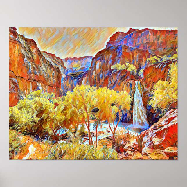 Mountains Trees Waterfall Abstract oil painting  Poster (Front)