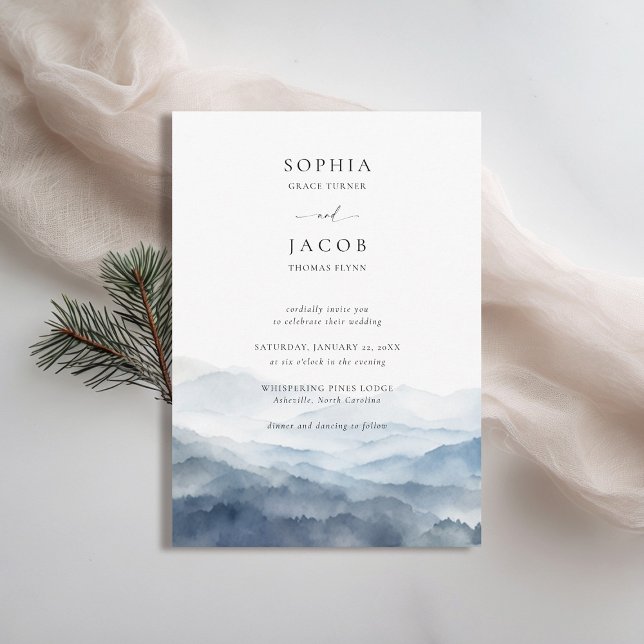 Mountains View Dusty Blue Ridge Romantic Wedding Invitation (mountains wedding invitation rustic outdoors blue ridge apalachian watercolor scene modern classy)