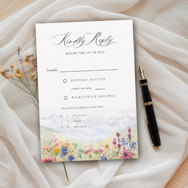 Mountains Wildflowers Meadow Floral Wedding Meal RSVP Card (mountains wedding invitation wildflowers meadow floral watercolor modern elegant rustic romantic)
