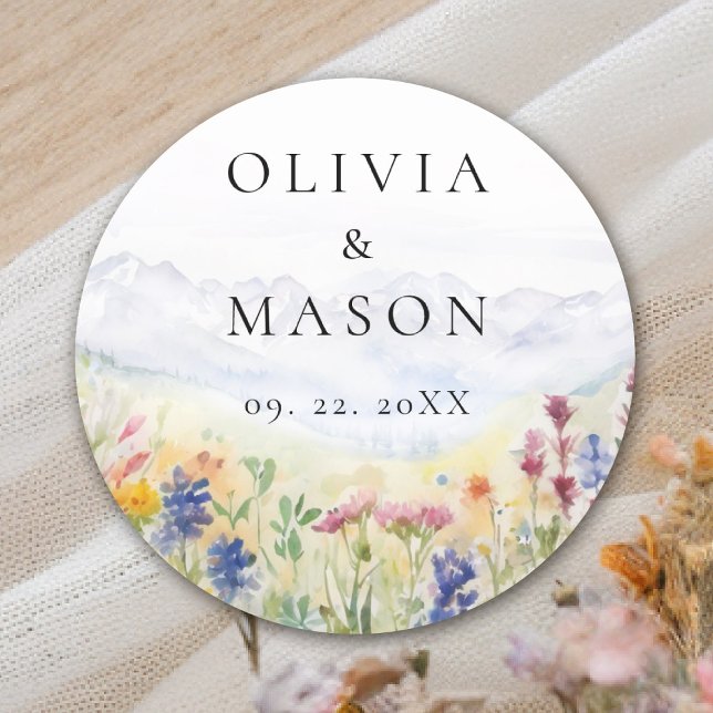 Mountains Wildflowers Meadow Rustic Floral Wedding Classic Round Sticker (mountains wedding sticker wildflowers meadow floral watercolor modern elegant rustic romantic)