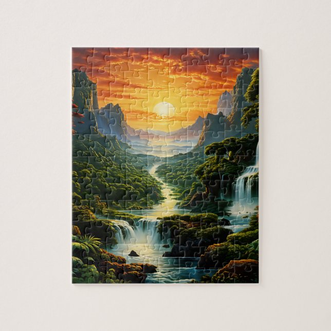 Mountains with waterfalls and glowing sun jigsaw  jigsaw puzzle (Vertical)