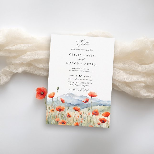Mountains Woods Rustic Popppy Wildflowers Wedding Invitation (mountains wedding invitation wildflowers poppies meadow outdoors woodland rustic elegant modern chic)