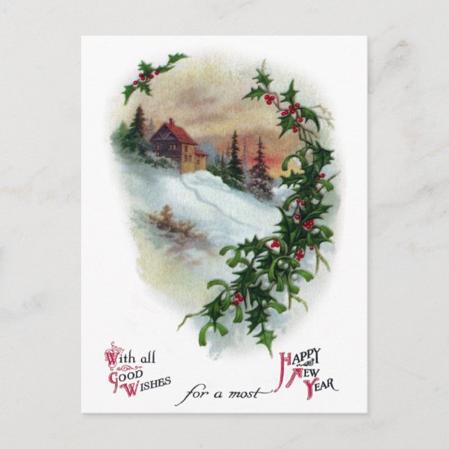 Mountainside in Winter Vintage New Year Holiday Postcard (Front)
