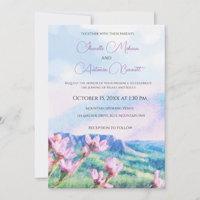 Mountainside Watercolor Wedding Invitation (Front)