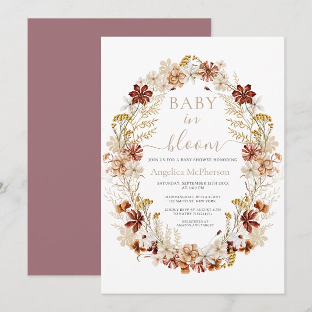 Mountbatten Pink Wild Flowers Wreath Baby in Bloom Invitation (Front/Back)